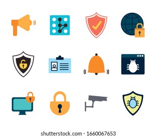 flat style icon set design of Security system warning protection danger web alert and safe theme Vector illustration
