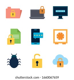 flat style icon set design of Security system warning protection danger web alert and safe theme Vector illustration