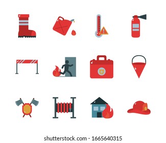 flat style icon set design, fire emergency rescue save department 911 danger help safety and aid theme Vector illustration