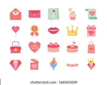 flaches Icon Set-Design, glückliche Mütter Tag Liebe Beziehung Dekoration feiern Gruß und Einladung Thema Vektorillustration Illustration