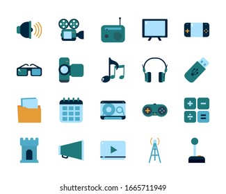 diseño de conjunto de iconos de estilo plano, tecnología multimedia Internet comunicación digital medios sociales web y tema de dispositivo Ilustración vectorial