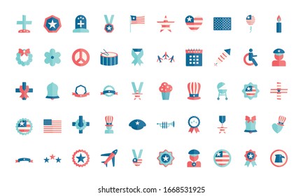flat style icon set design, Memorial day holiday patriotic freedom celebration independence veteran and patriotism theme Vector illustration