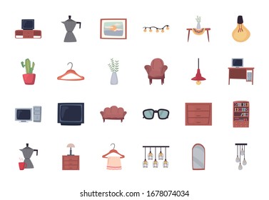 diseño de conjunto de iconos de estilo plano, decoración de habitación interior edificio de vivienda y tema residencial Ilustración vectorial