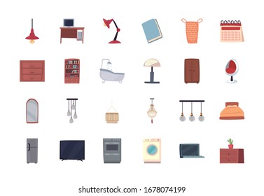 diseño de conjunto de iconos de estilo plano, decoración de habitación interior edificio de vivienda y tema residencial Ilustración vectorial