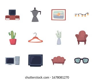 flat style icon set design, Home room decoration interior living building apartment and residential theme Vector illustration