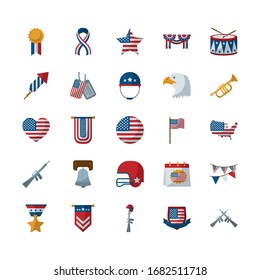 Flachbild-Icon-Set-Design, Gedächtnistag Urlaub patriotische Freiheit feiern Unabhängigkeit Veteran und Patriotismus Thema Vektorillustration Illustration