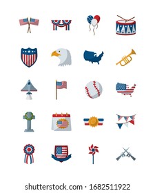 flat style icon set design, Memorial day holiday patriotic freedom celebration independence veteran and patriotism theme Vector illustration