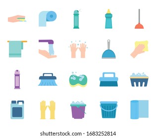 flat style icon set design, Cleaning service items wash home hygiene equipment domestic interior housework and housekeeping theme Vector illustration