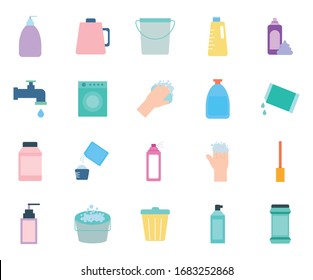 diseño de conjunto de iconos de estilo plano, artículos de servicio de limpieza lavar equipo de higiene doméstica interior de la casa y tema de mantenimiento de la casa Ilustración vectorial