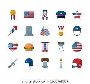 Flachbild-Icon-Set-Design, Gedächtnistag Urlaub patriotische Freiheit feiern Unabhängigkeit Veteran und Patriotismus Thema Vektorillustration Illustration