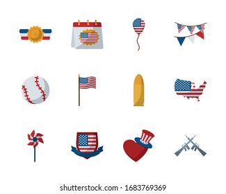 flat style icon set design, Memorial day holiday patriotic freedom celebration independence veteran and patriotism theme Vector illustration