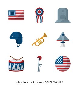 flat style icon set design, Memorial day holiday patriotic freedom celebration independence veteran and patriotism theme Vector illustration