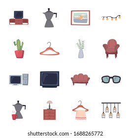 diseño de conjunto de iconos de estilo plano, decoración de habitación interior edificio de vivienda y tema residencial Ilustración vectorial