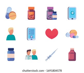 flat style icon set design of Health online medical care emergency aid exam clinic and patient theme Vector illustration