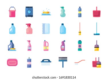 flat style icon set design, Cleaning service wash home hygiene equipment domestic interior housework and housekeeping theme Vector illustration