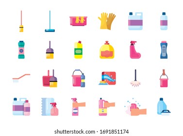 diseño de conjunto de iconos de estilo plano, servicio de limpieza lavado equipo de higiene en el hogar interior doméstico trabajo doméstico y mantenimiento del hogar Tema Vector ilustración