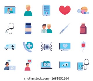 Flachbild-Icon-Set für die Online-Notrufklinik für medizinische Notfälle und Vektorillustration zum Thema Patienten