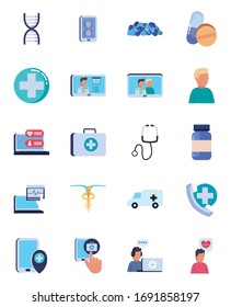 flat style icon set design of Health online medical care emergency aid exam clinic and patient theme Vector illustration