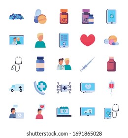 diseño de conjunto de iconos de estilo plano de la atención médica en línea de la clínica de ayuda de emergencia y tema del paciente Ilustración vectorial