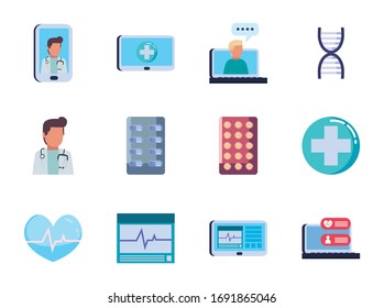 flat style icon set design of Health online medical care emergency aid exam clinic and patient theme Vector illustration