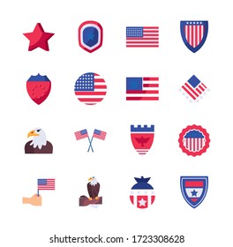 Flaches Stilsymbol Set Design, Unabhängigkeitstag vereinte Staaten Amerika Nation uns Land und nationales Thema Vektorgrafik