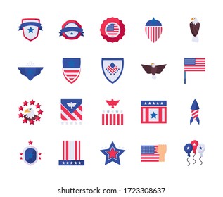 Diseño de conjunto de iconos de estilo plano, Día de la Independencia Estados Unidos nación Estados Unidos país y tema nacional Ilustración vectorial