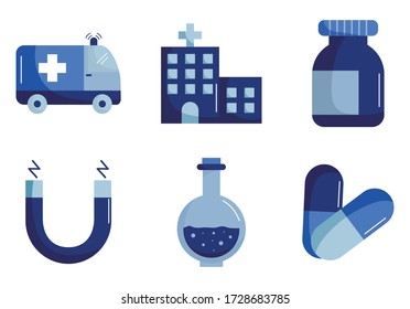 diseño de conjunto de iconos de estilo plano de la ciencia médica salud y tema de emergencia Ilustración vectorial