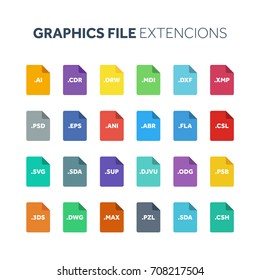 Flat style icon set. Graphic design, vector file type, extencion. Document format. Pictogram. Web and multimedia. Computer technology.
