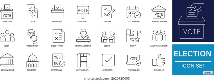 Flat style icon set illustrating election and voting concepts including ballot boxes, check marks, candidates, political symbols, and democratic participation tools.