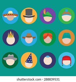 Flat style icon set. Men and Hats. Vector illustration.
