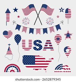 Flat style icon set with patriotic American symbols: map, bunting, flag, party hat, star, and fireworks. Great for Independence Day, Memorial Day, and other USA-themed designs.