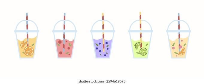 Flat style icon set of refreshing fruit drinks with straws – vector design.