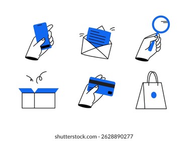Flat style icon set representing online shopping, e-commerce, mobile payment, credit card, delivery, email communication, and customer search concepts