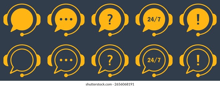 Conjunto de iconos de estilo plano que muestra auriculares de Asistencia al cliente con burbujas de chat, signos de interrogación, servicio 24 7 y signos de alerta. Ideal para Asistencia tecnológica, ayuda en línea, comunicación y App de servicios.