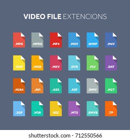 Flat style icon set. Source code, programming file type, extension. Document format. Pictogram. Web and multimedia. Computer technology.