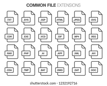 Flat style icon set. System,common file type, extension 