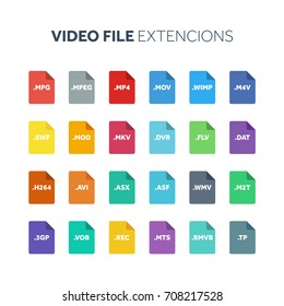 Flat style icon set. Video, movie, film file type, extencion. Document format. Pictogram. Web and multimedia. Computer technology.