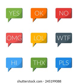 Flat style icon set for web and mobile application. Colorful speech bubble with internet acronyms