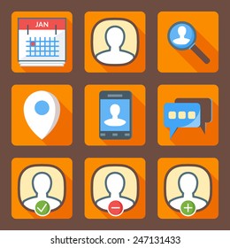 Flat style icon set for web and mobile application. Basic icons, users, profile, location, message