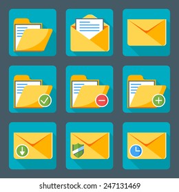 Flat style icon set for web and mobile application. Basic icons, mail, folder, envelope