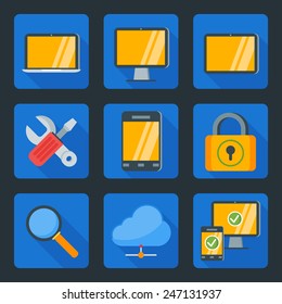 Flat style icon set for web and mobile application. Computer and technology