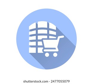 Flat style icon of a shopping cart in front of a modern building.