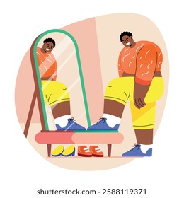 A flat style icon of shopping character checking shoes in mirror 