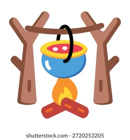 Um ícone de estilo plano mostrando a cozinha da fogueira