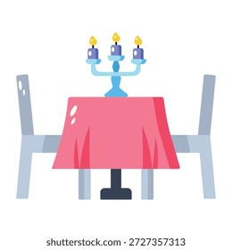 Ein flaches Symbol, das ein Abendessen bei Kerzenlicht zeigt