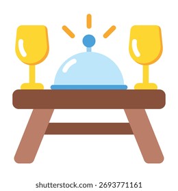 Un icono de estilo plano que muestra una mesa de cena