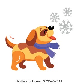 Um ícone de estilo plano que mostra um cachorro desfrutando de neve  
