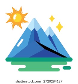 Un icono de estilo plano que muestra el amanecer de la montaña