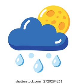 Um ícone de estilo plano mostrando chuva noturna