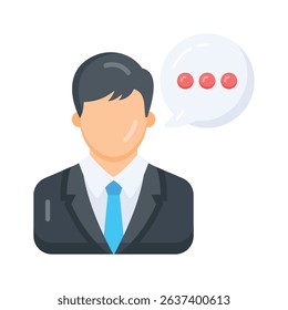A flat style icon showing person speaking action